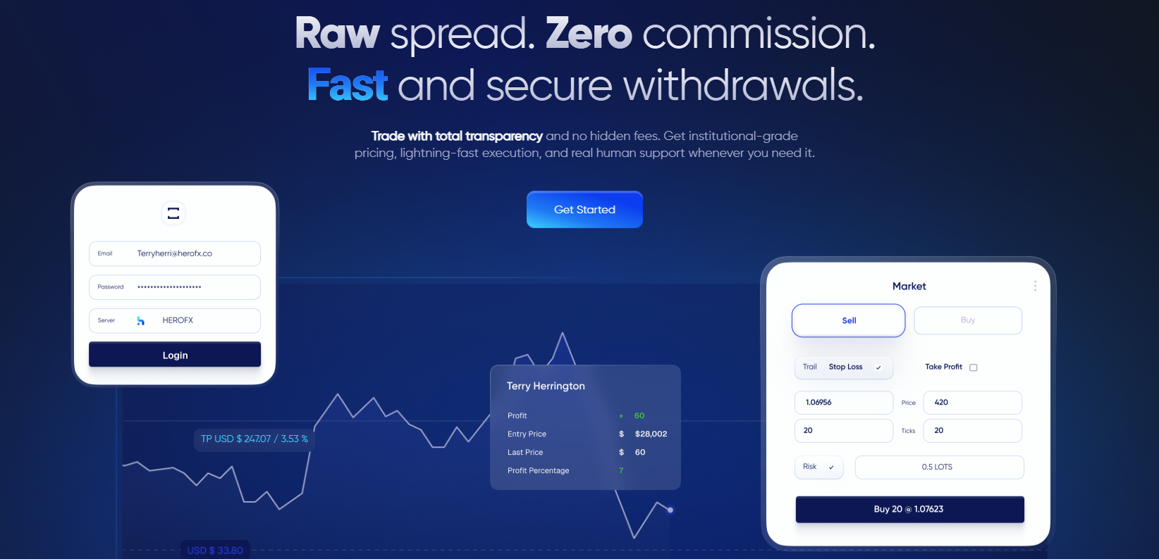 HeroFX brokerage website dashboard showing trading instruments and account overview