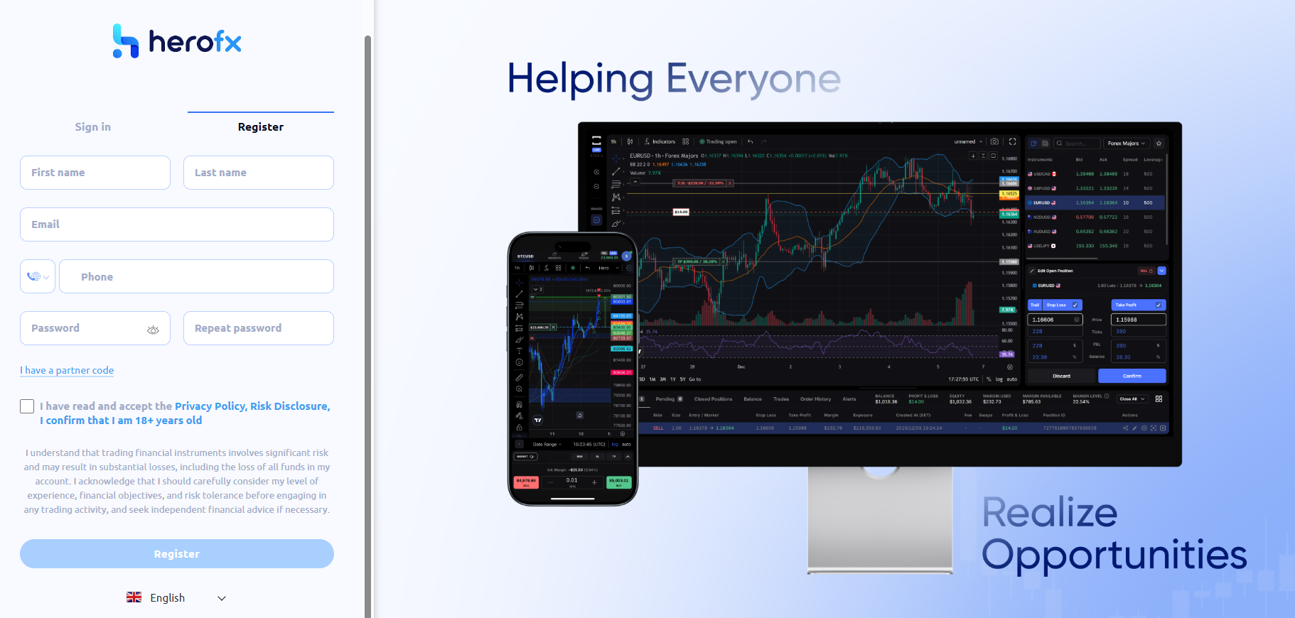 HeroFX register form interface showing fields for name email and password