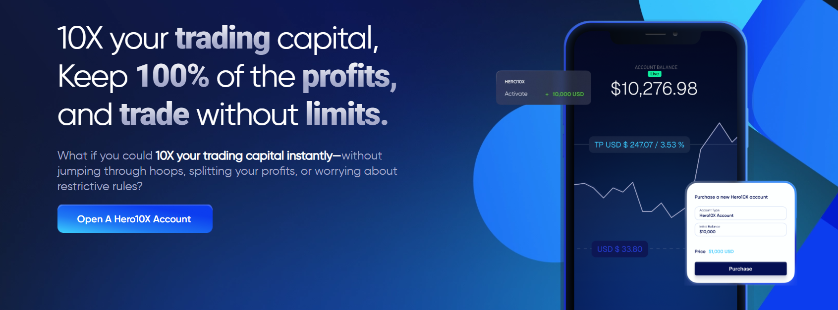 HeroFX dashboard showing clear trading interface and account balance options